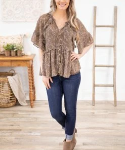 Wish List Olive Paisley Print Ruffle Detail Top