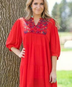 Umgee Red Floral Print Embroidered Bodice Dress Dresses