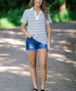 Heimish Ivory And Black Stripe Top With Collar