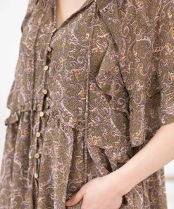Wish List Olive Paisley Print Ruffle Detail Top