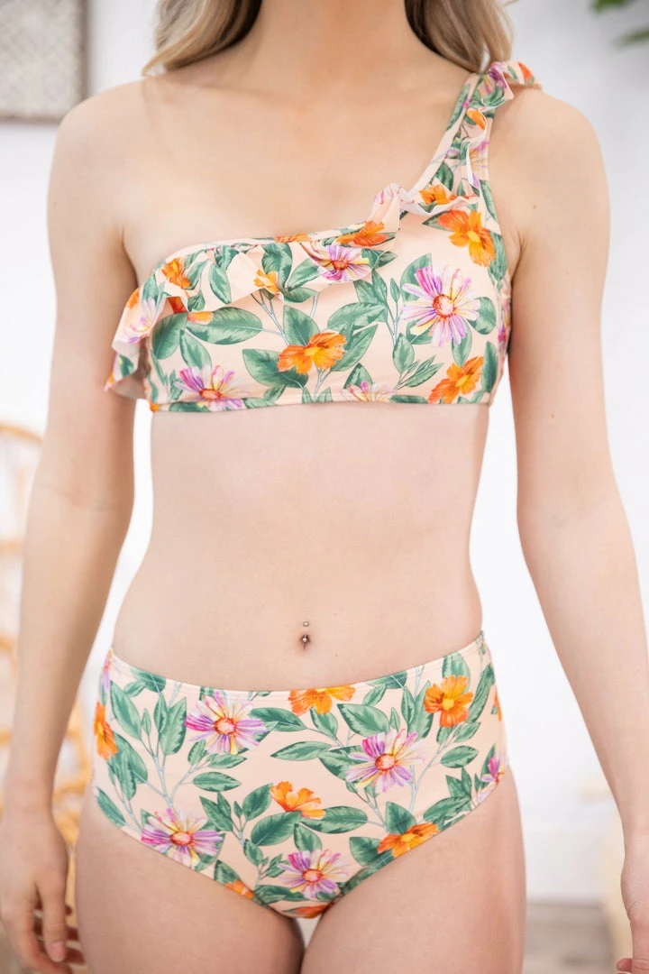 Stylish Swimwear Peach Floral One Shoulder Two Piece Swimsuit 7 Stylish Swimwear Peach Floral One Shoulder Two Piece Swimsuit