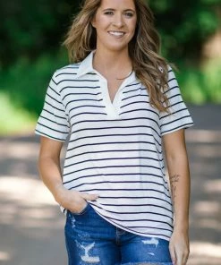 Heimish Ivory And Black Stripe Top With Collar