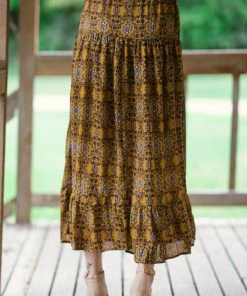 Cozy Casual Inc Bottoms Mustard Multicolor Boho Print Maxi Skirt