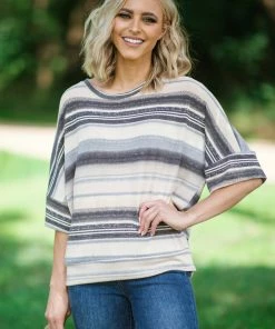 Rousseau Beige Multi Stripe Dolman Sleeve Top Tops