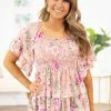 Lovely Melody Tops Blush Floral Smocked Bodice Bell Sleeve Top