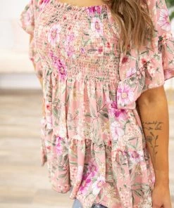 Lovely Melody Tops Blush Floral Smocked Bodice Bell Sleeve Top
