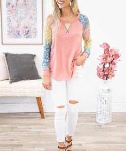 Hailey And Co Salmon Burnout Ombre Sleeve Top