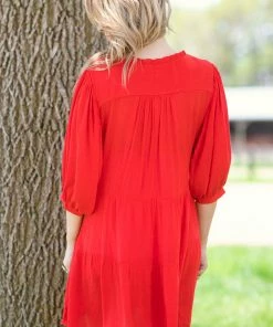 Umgee Red Floral Print Embroidered Bodice Dress Dresses