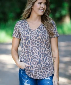 Twenty Ten Tan And Mocha Animal Print V-Neck Top Tops