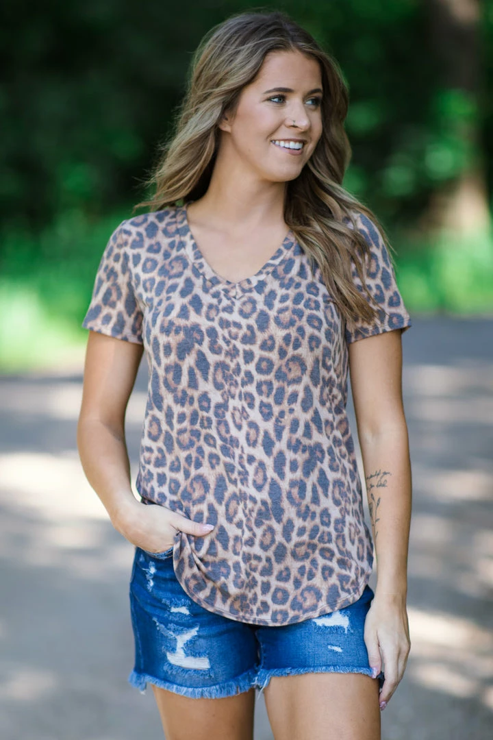Twenty Ten Tan And Mocha Animal Print V-Neck Top Tops 3 Twenty Ten Tan And Mocha Animal Print V-Neck Top Tops