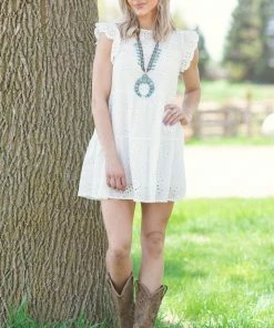 Miss Kelly White Flutter Sleeve Eyelet Lace Dress