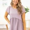 Mittoshop Tops Mauve Babydoll Top With Pleated Sleeve