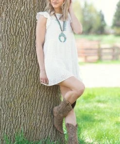 Miss Kelly White Flutter Sleeve Eyelet Lace Dress