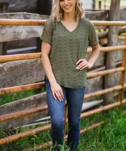 Zenana Olive Swiss Dot V-Neck Short Sleeve Top Tops