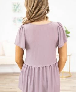 Mittoshop Tops Mauve Babydoll Top With Pleated Sleeve