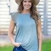 Shop Basic USA Tops Sage And White Stripe Sleeve Raglan Top