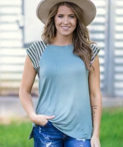 Shop Basic USA Tops Sage And White Stripe Sleeve Raglan Top