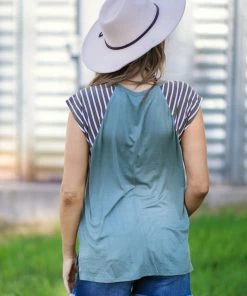 Shop Basic USA Tops Sage And White Stripe Sleeve Raglan Top