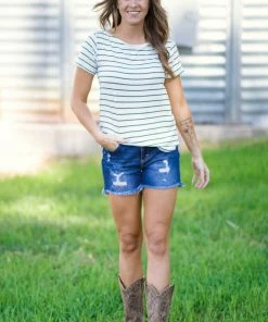 Hailey Apparel Tops White And Olive Stripe Boatneck Top 6 Hailey Apparel Tops White And Olive Stripe Boatneck Top