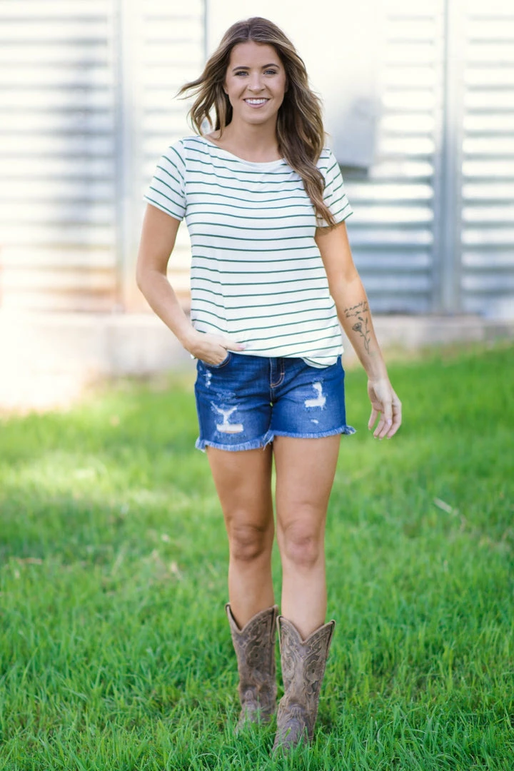 Hailey Apparel Tops White And Olive Stripe Boatneck Top 4 Hailey Apparel Tops White And Olive Stripe Boatneck Top