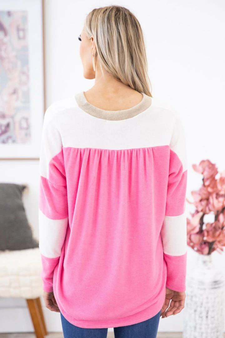 Hailey And Co LONG SLEEVES White And Pink Colorblock V-Neck Top 6 Hailey And Co LONG SLEEVES White And Pink Colorblock V-Neck Top