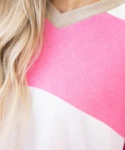 Hailey And Co LONG SLEEVES White And Pink Colorblock V-Neck Top 11 Hailey And Co LONG SLEEVES White And Pink Colorblock V-Neck Top