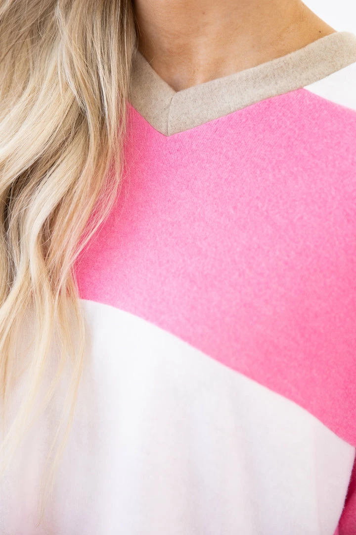 Hailey And Co LONG SLEEVES White And Pink Colorblock V-Neck Top 7 Hailey And Co LONG SLEEVES White And Pink Colorblock V-Neck Top