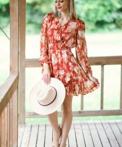 Kori America Dresses Rust Floral Print Smocked Waist Dress