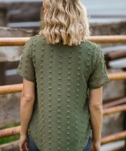Zenana Olive Swiss Dot V-Neck Short Sleeve Top Tops