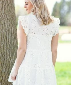 Miss Kelly White Flutter Sleeve Eyelet Lace Dress