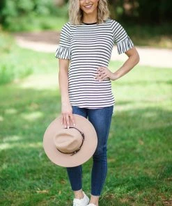 Hailey And Co White And Black Stripe Ruffle Sleeve Top Tops