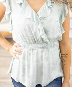 Doe & Rae Sage Leaf Print Ruffle Trim Peplum Top