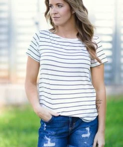 Hailey Apparel Tops White And Olive Stripe Boatneck Top