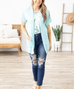 Cielo Aqua Lightweight Short Sleeve Cardigan Tops