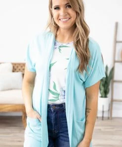 Cielo Aqua Lightweight Short Sleeve Cardigan Tops
