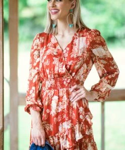 Kori America Dresses Rust Floral Print Smocked Waist Dress