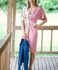 Beeson River Blush And Cream Floral Twisted Waist Dress