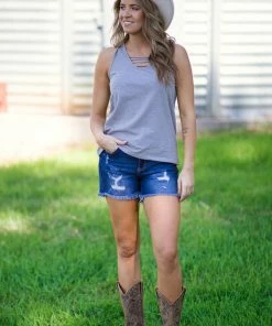 Doe & Rae Ash Grey Tank With Front Cutouts Tops