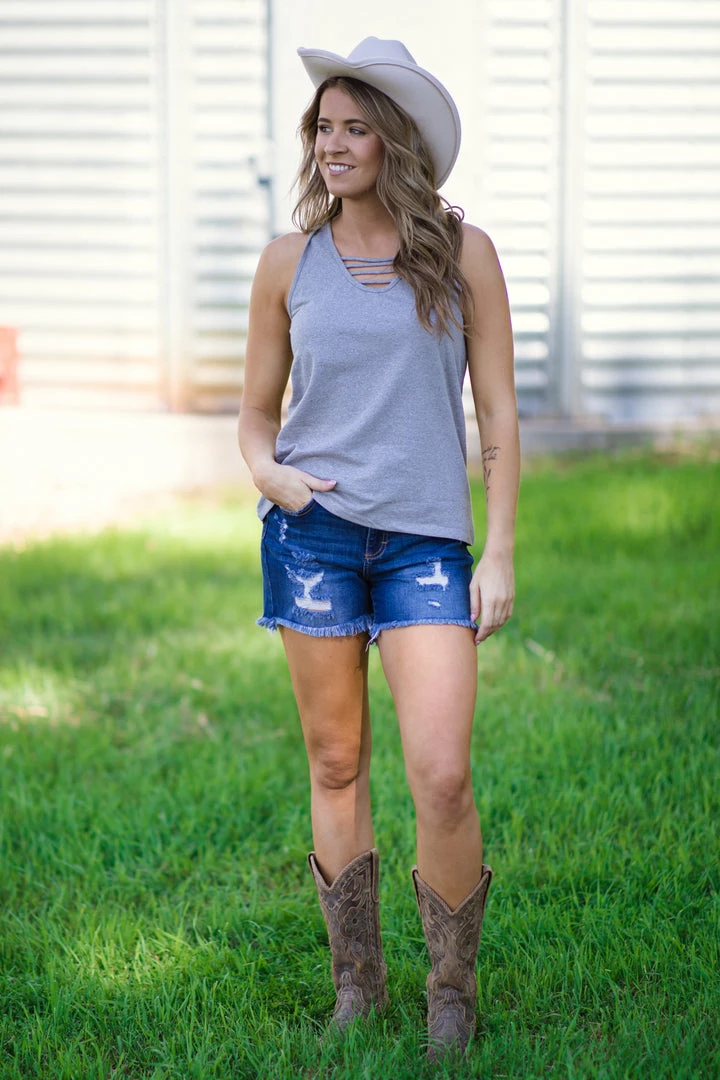 Doe & Rae Ash Grey Tank With Front Cutouts Tops 3 Doe & Rae Ash Grey Tank With Front Cutouts Tops