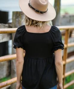 Staccato Tops Black Rib Knit Puff Sleeve Babydoll Top 7 Staccato Tops Black Rib Knit Puff Sleeve Babydoll Top