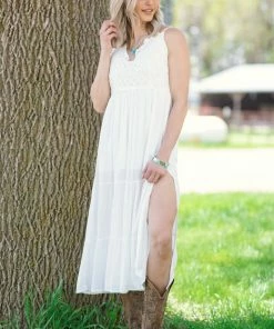 Blue B White Lace Thin Strap Criss-Cross Back Dress Dresses