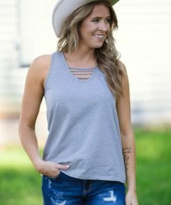 Doe & Rae Ash Grey Tank With Front Cutouts Tops 8 Doe & Rae Ash Grey Tank With Front Cutouts Tops
