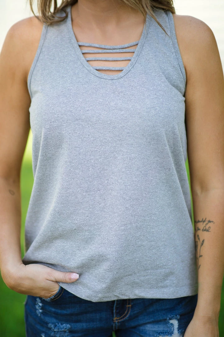 Doe & Rae Ash Grey Tank With Front Cutouts Tops 4 Doe & Rae Ash Grey Tank With Front Cutouts Tops