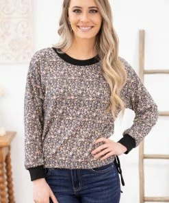 Gilli LONG SLEEVES Multicolor Floral Drawstring Hem Knit Top