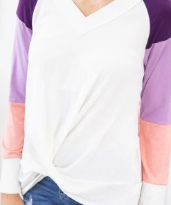 Hailey And Co LONG SLEEVES Purple And Ivory Colorblock V-Neck Top 11 Hailey And Co LONG SLEEVES Purple And Ivory Colorblock V-Neck Top