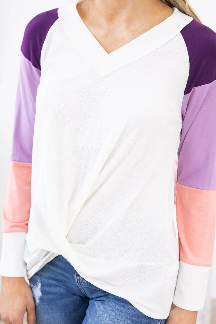 Hailey And Co LONG SLEEVES Purple And Ivory Colorblock V-Neck Top 7 Hailey And Co LONG SLEEVES Purple And Ivory Colorblock V-Neck Top