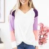 Hailey And Co LONG SLEEVES Purple And Ivory Colorblock V-Neck Top
