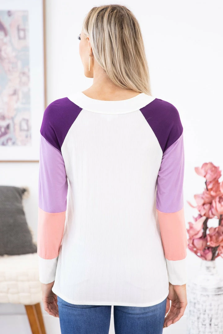 Hailey And Co LONG SLEEVES Purple And Ivory Colorblock V-Neck Top 6 Hailey And Co LONG SLEEVES Purple And Ivory Colorblock V-Neck Top