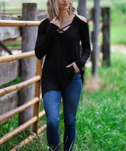 Hailey And Co Black Cold Shoulder Criss-Cross Front Top Tops