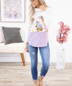 RED LOLLY LONG SLEEVES Baby Pink Floral Colorblock Cowl Neck Top
